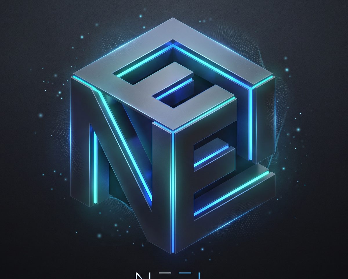 The NEEL mark: a cube whose faces form the letters N, E and L, edged in cyan light